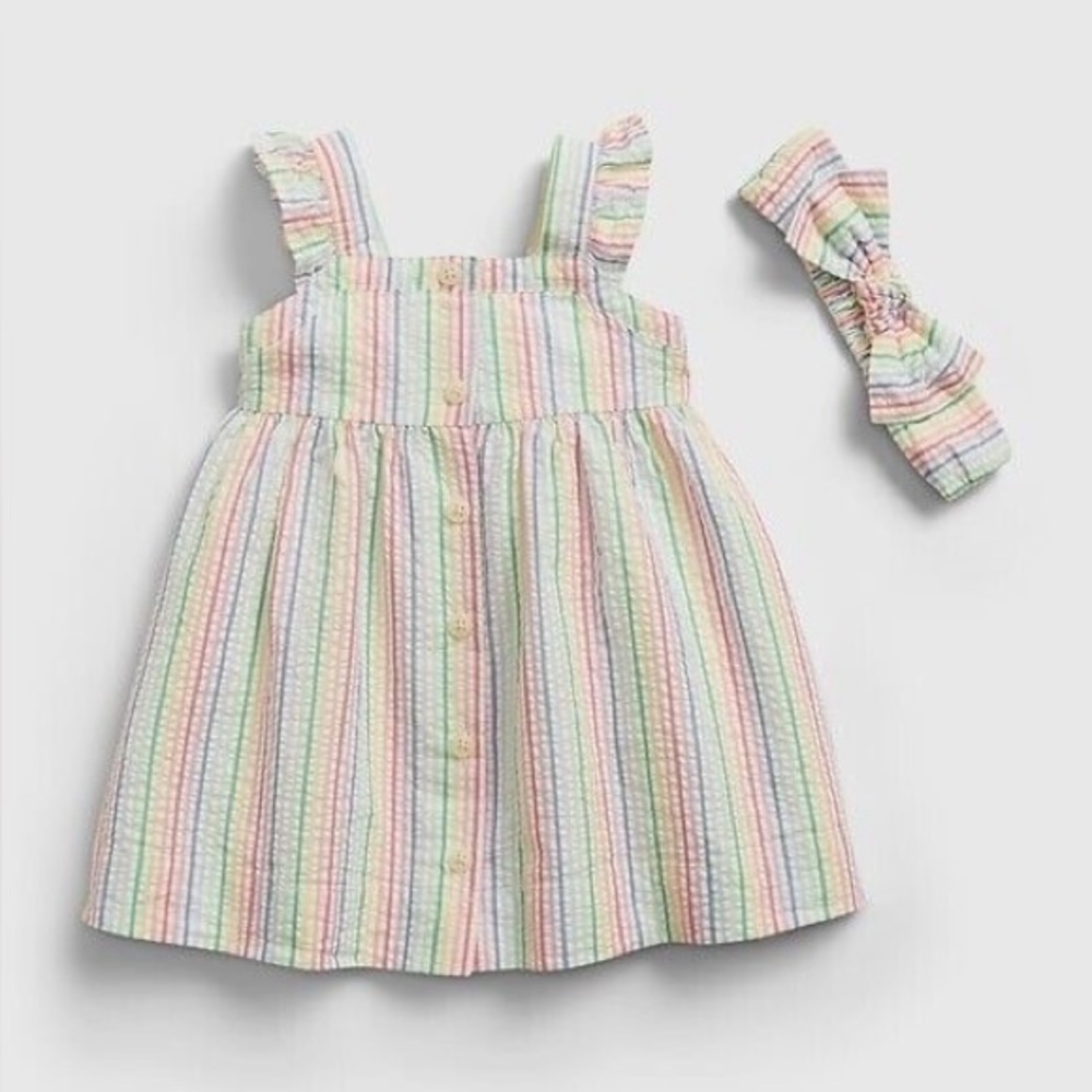 Baby Gap Rainbow Striped Summer Dress with Matching Headband Size 18-24 months